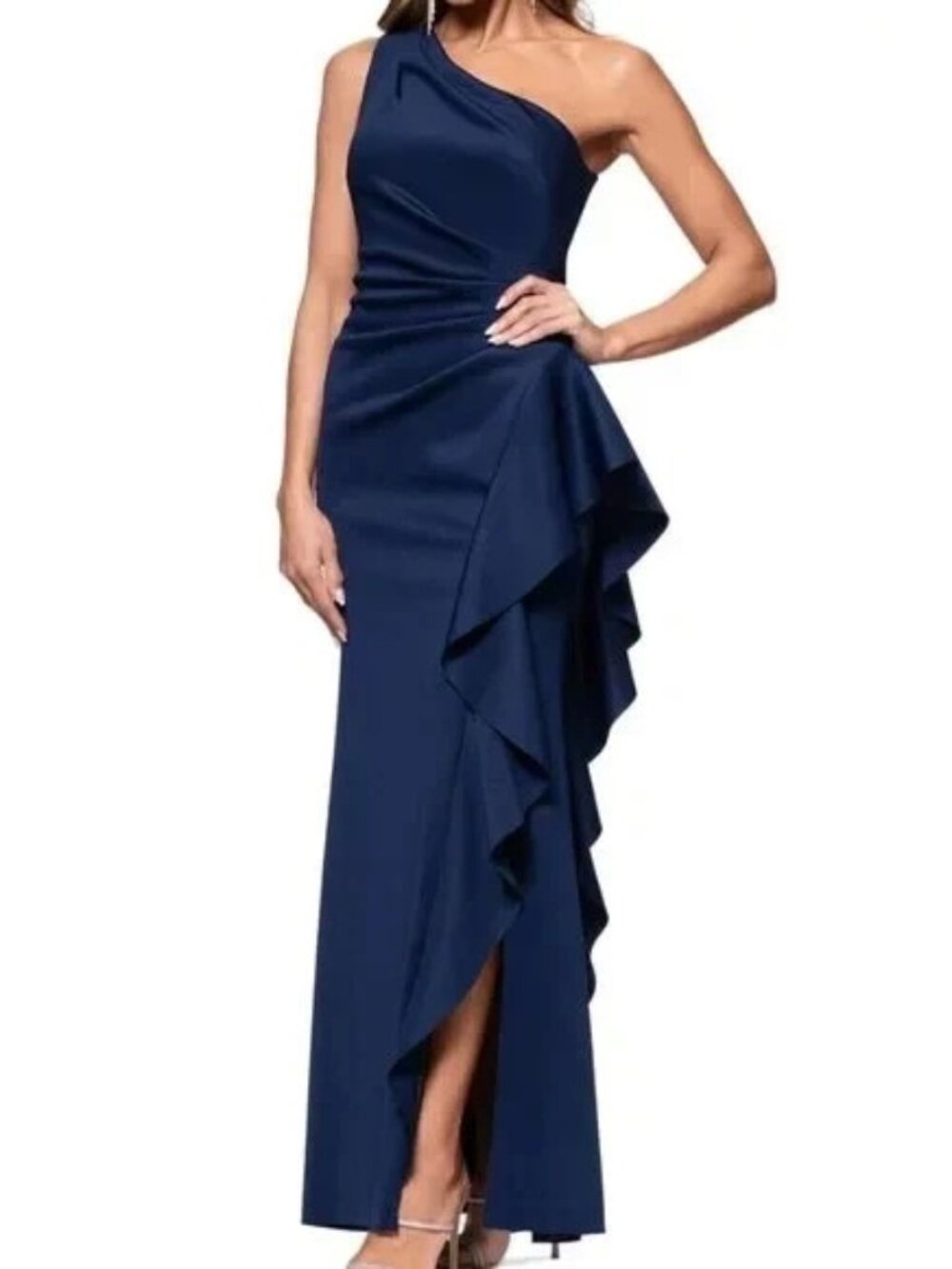 Xscape Midnight Blue One-Shoulder Scuba Ruffle Sheath Dress Gown